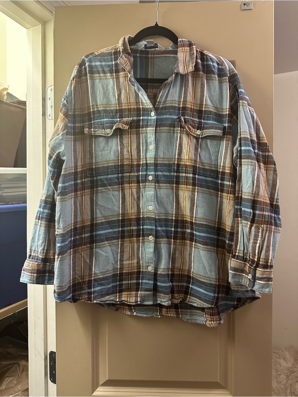 Old Navy Blue and Brown Plaid Boyfriend Shirt